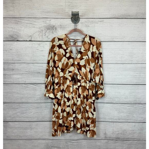 Aakaa Women's Brown & Cream Floral Waisted Dress Size Medium - Picture 1 of 7